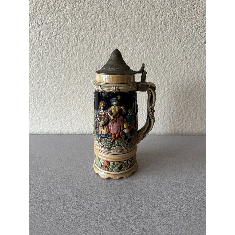 Vintage German Style Lidded Beer Stein - Relief Tavern Scene Pewter Lid 10”